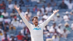 Mitchell Santner appeals for a wicket on day two of the second test against India. Photo / Photosport