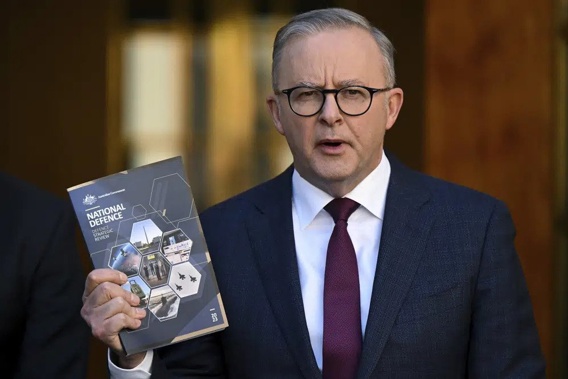 Australian Prime Minister Anthony Albanese speaks to the media duing a press conference after the release of the Defence Strategic Review at Parliament House in Canberra, Monday, April 24, 2023. The Australian government released a review of the nation's defense strategy that recommends a major overhaul of the armed forces including a focus on developing an ability to strike targets at a longer range as China's military build-up challenges the region's security.