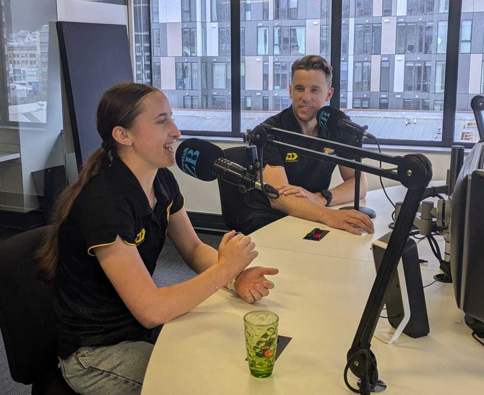 Cricketers Kate Chandler and Logan van Beek in the Newstalk ZB studio