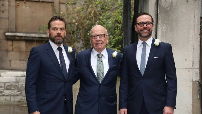 Lachlan Murdoch (left), Rupert Murdoch and James Murdoch. (Photo / AP)