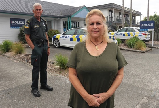 Paihia resident Morgan Pollock with former police superintendent Denis Orme, outside the Paihia Police Station in 2021. Photo / Peter de Graaf