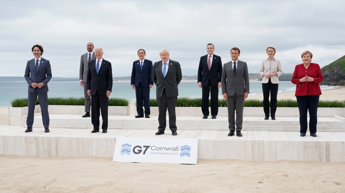 Leaders of the G7 pose for a group photo on overlooking the beach at the Carbis Bay Hotel in Carbis Bay, St. Ives, Cornwall, England, Friday, June 11, 2021. (Photo / AP)
