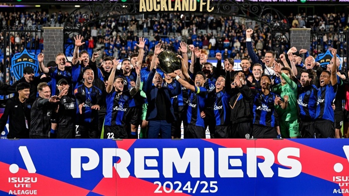 Auckland FC players celebrate winning the A-League Premiers Plate. Photo / Photosport
