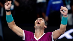 Rafael Nadal of Spain celebrates his win over Daniil Medvedev of Russia in the men's singles final at the Australian Open. (Photo / AP)