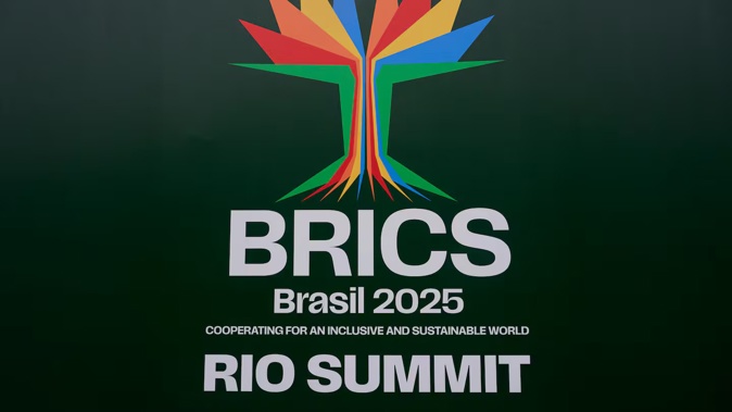 A banner of the Brics summit is displayed at the Modern Art Museum where the 2025 Brics summit was held in Rio de Janeiro, Brazil. Photo / AFP