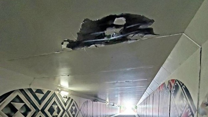 Part of the roof of a cycleway underpass in Auckland's Te Atatu was damaged by Fulton Hogan contractors. Photo / Ben Gracewood