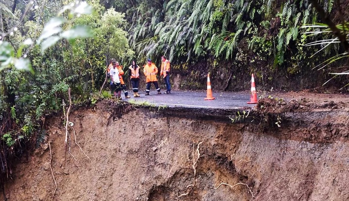 Damage to Lone Kauri Rd leading to Karekare on the west coast of Auckland. Photo / Ted Scott