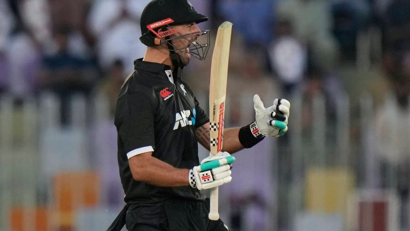 New Zealand's Daryl Mitchell celebrates after scoring century during the first one-day international cricket match between Pakistan and New Zealand. Photo / AP
