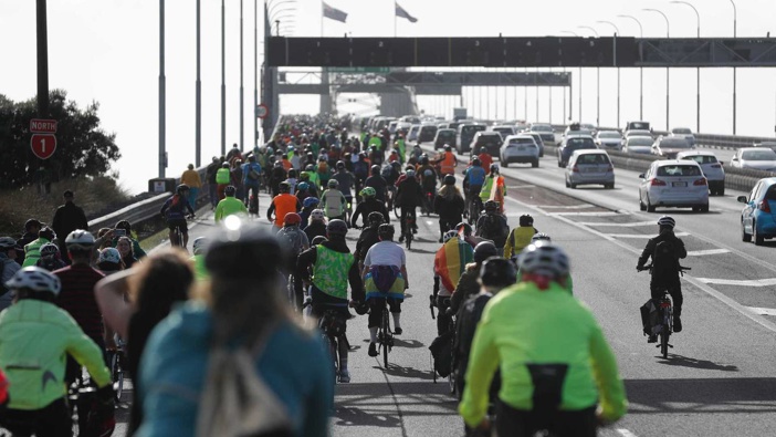 Cyclists protesting on Auckland Harbour Bridge yesterday. Photo / NZ Herald