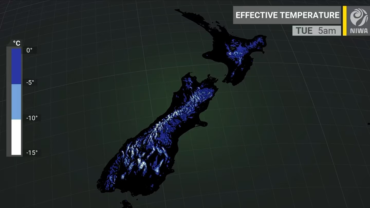 Over the next 24 hours, the effective, or 'feel', temperature will be near or below zero. Photo / Niwa.