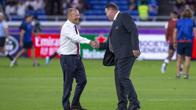 England coach Eddie Jones and All Blacks coach Steve Hansen shaking hands before the 2019 Rugby World Cup semifinal. Photo / Mark Mitchell