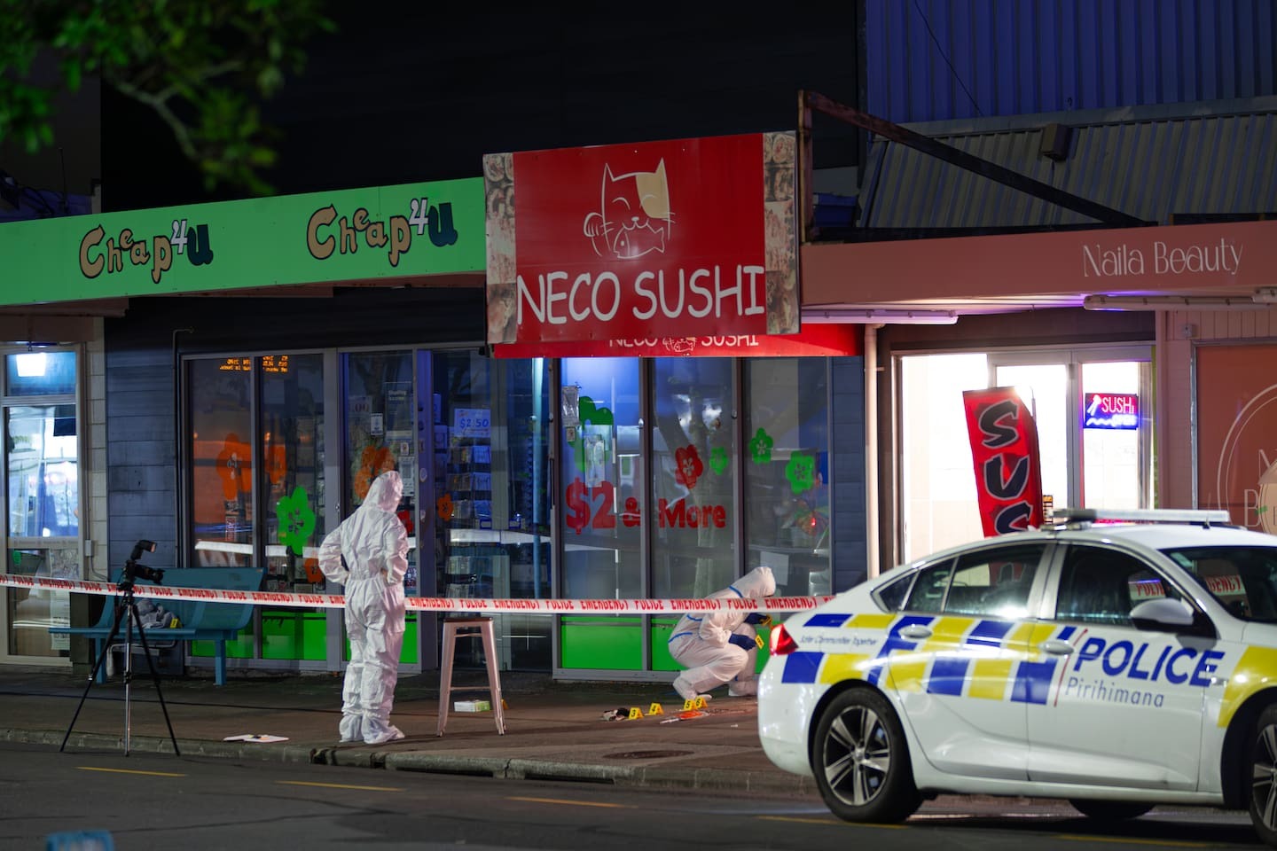 Police photography and forensic staff continue their scene examination on Clyde Rd, Browns Bay after a suspected stabbing. Photo / Hayden Woodward