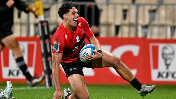 Noah Hotham of the Crusaders celebrates his try during the Super Rugby Pacific Qualifying Final match between Crusaders and Qld Reds at Apollo Projects Stadium, on June 06, 2025, in Christchurch, New Zealand. (Photo by Kai Schwoerer/Getty Images)