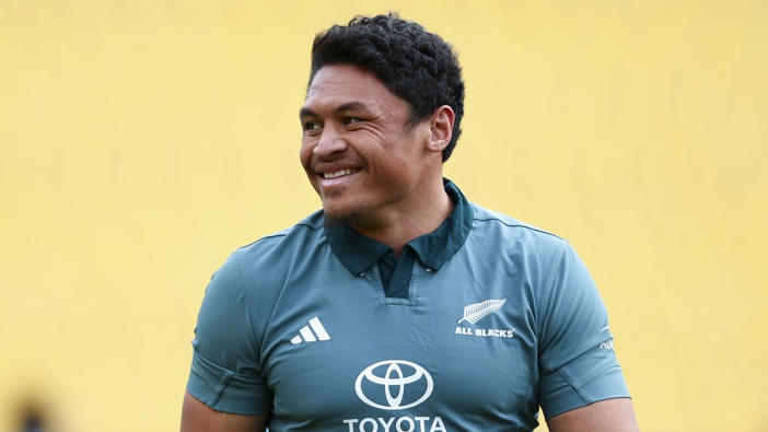 Caleb Clarke looks on during a New Zealand All Blacks training session at Sky Stadium on July 10, 2025 in Wellington, New Zealand. (Photo by Hagen Hopkins/Getty Images)