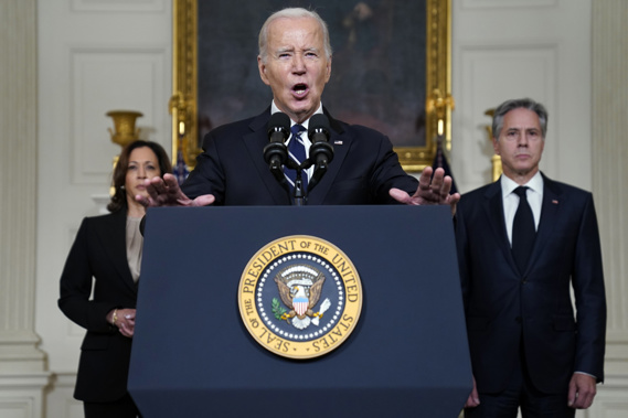 President Joe Biden speaks Tuesday, Oct. 10, 2023, in the State Dining Room of the White House in Washington, about the war between Israel and the militant Palestinian group Hamas, as Vice President Kamala Harris and Secretary of State Antony Blinken listen. Photo / AP
