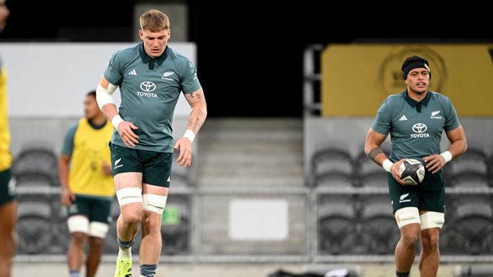 Fabian Holland warms up during a New Zealand All Blacks training session at the Forsyth Barr Stadium on July 03, 2025 in Dunedin, New Zealand. (Photo by Joe Allison/Getty Images)