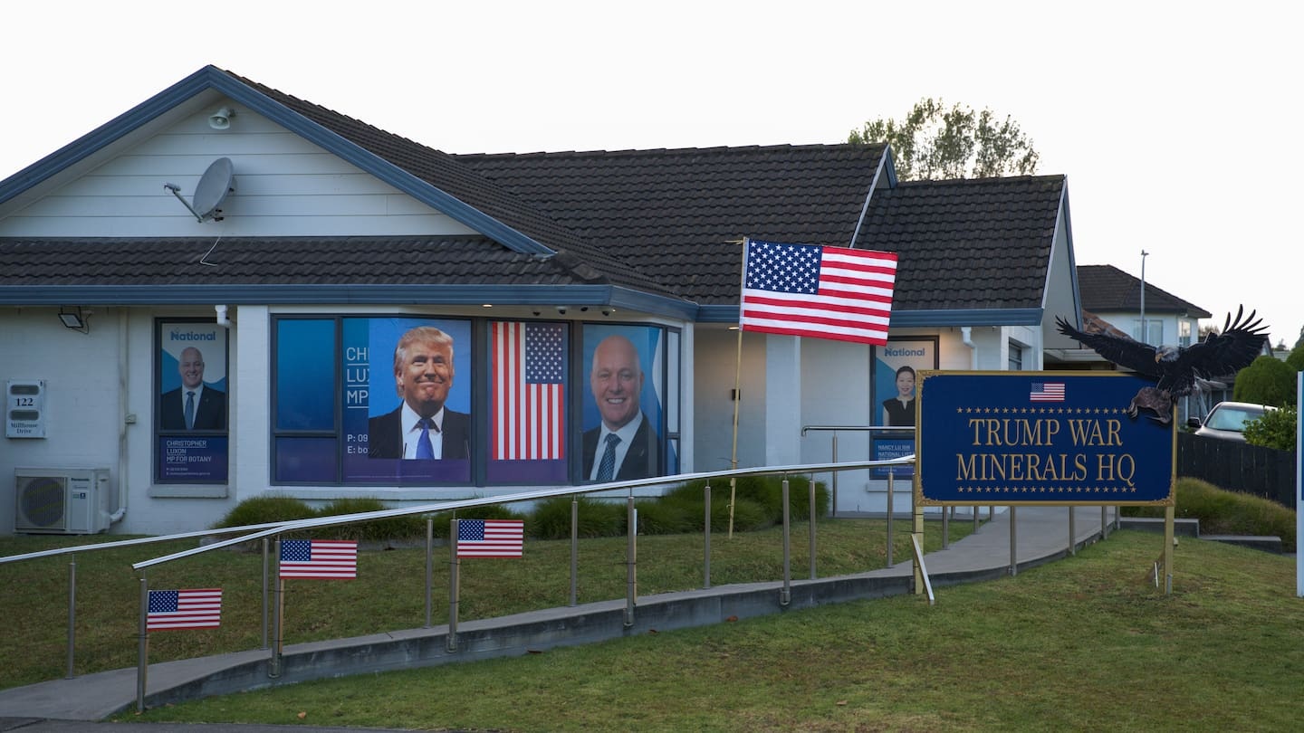 Luxon's electorate office targeted in protest, building draped in Trump images, US flags