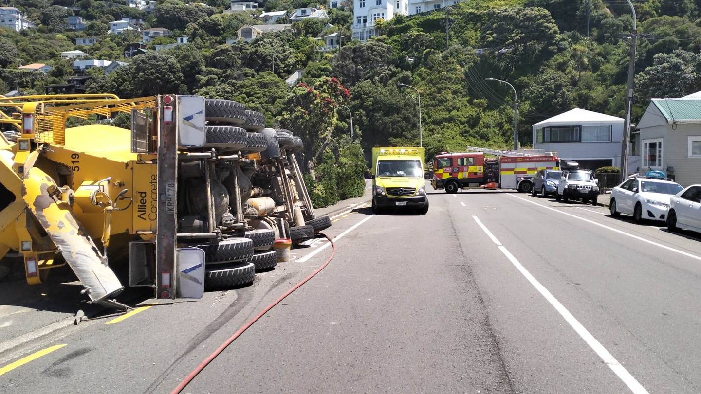 The concrete mixer crashed on Wellington's Evans Bay Parade just before 1.30pm today. Photo / Supplied