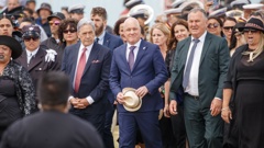 Prime Minister Christopher Luxon and Deputy Prime Minister Winston Peters lead the Government delegation onto the marae at Rātana Pā, 24 January, 2024. Photo / Mark Mitchell