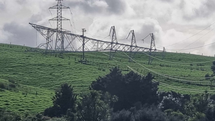 The downed Transpower tower that knocked power out to much of Northland. Photo / Louise Owen