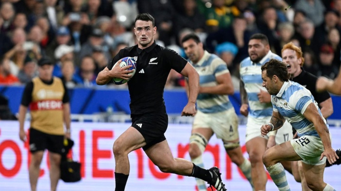 Will Jordan scored a hat-trick against Argentina in the All Blacks' semifinal win at the Rugby World Cup. Photo / Photosport