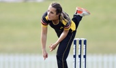 Xara Jetly of the Blaze bowls during the Super Smash T20 match between the Canterbury Magicians and the Wellington Blaze at Hagley Oval on November 26, 2021 in Christchurch, New Zealand. (Photo by Kai Schwoerer/Getty Images)
