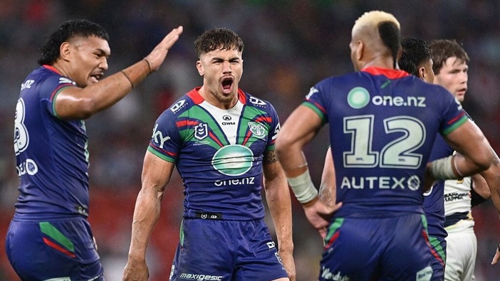 Chanel Harris-Tavita (centre) celebrates the Warriors' victory over the North Queensland Cowboys. Photo / Getty Images