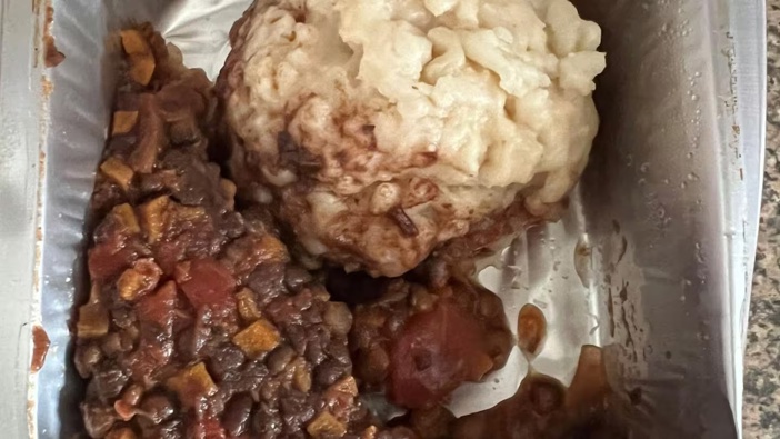 A school lunch described as "unidentifiable pasta ball and lentils".