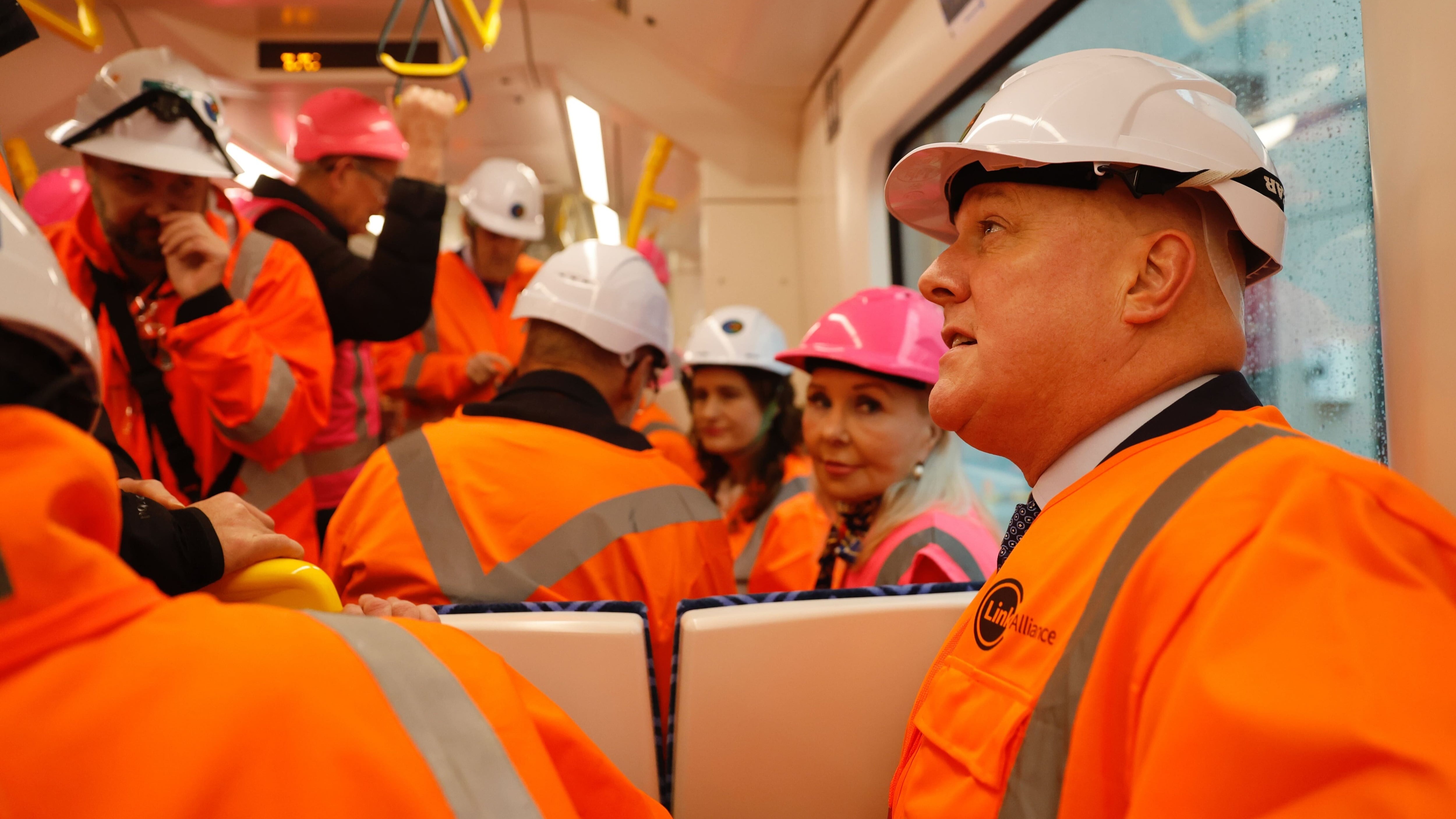 Prime Minister Christopher Luxon and VIPs on the first passenger train ride through the CRL. Photo / Michael Craig