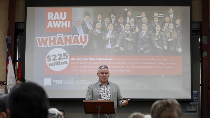 Minister for Māori Crown Relations Kelvin Davis discussing what Budget 2023 delivered for Māori at breakfast with stake holders and community, at Hihiaua Culture Centre, Whangārei, on Tuesday morning. Photo / Michael Cunningham