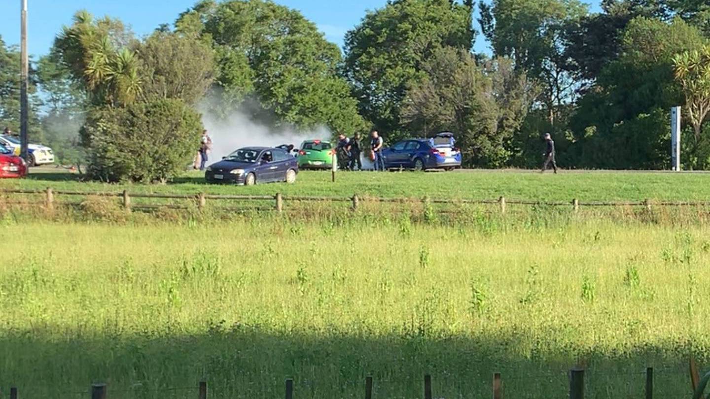 Emergency vehicles swarm after a dramatic incident involving a crashed car and multiple gunshots. Photo / Supplied