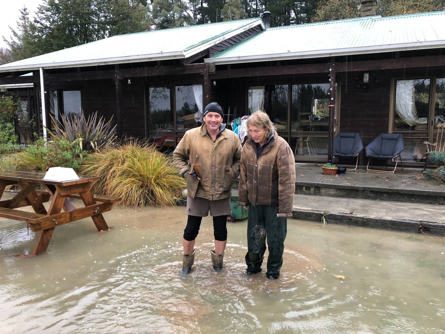 Stu Murray and his wife Francine at their farm in Sheffield after severe flooding in Canterbury. (Photo / Hamish Clark)