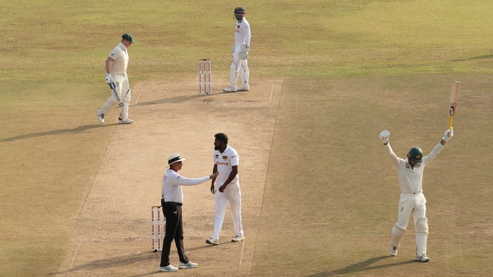 Alex Carey of Australia celebrates after scoring a century during day two of the Second Test match in the series between Sri Lanka and Australia at Galle International Stadium on February 07, 2025 in Galle, Sri Lanka. (Photo by Robert Cianflone/Getty Images)