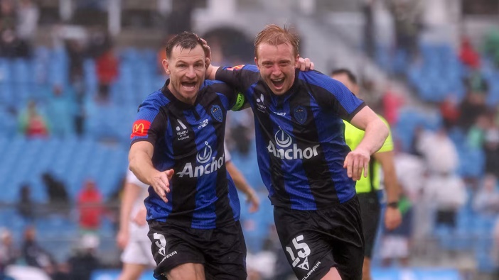 Auckland FC's Francis de Vries celebrates his goal with Tommy Smith in their 2-0 win over the Newcastle Jets. Photo / Shane Wenzlick, Photosport