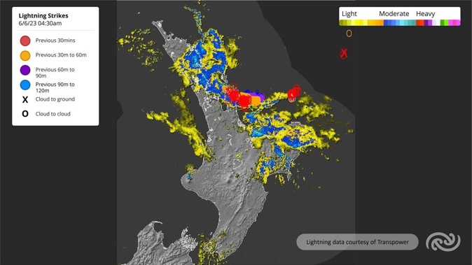 Five-hundred lightning strikes have been detected near the Coromandel Peninsula since midnight. Photo / MetService