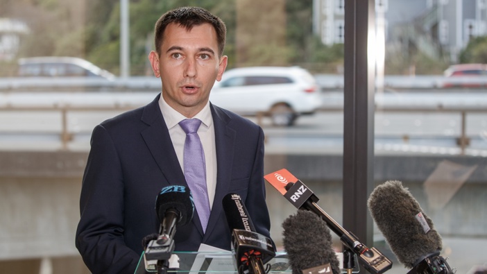 Transport Minister Simeon Brown unveiling the $32.9b 2024-27 National Land Transport Programme in Wellington. Photo / Mark Mitchell