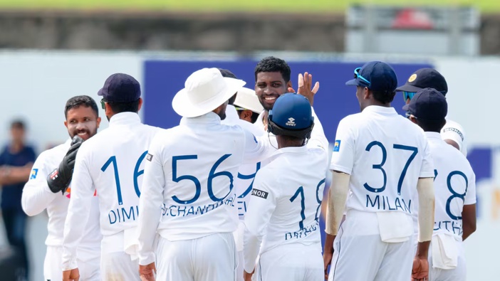 Sri Lanka celebrate a wicket on the fourth day of the second test. Photo / Sri Lanka Cricket
