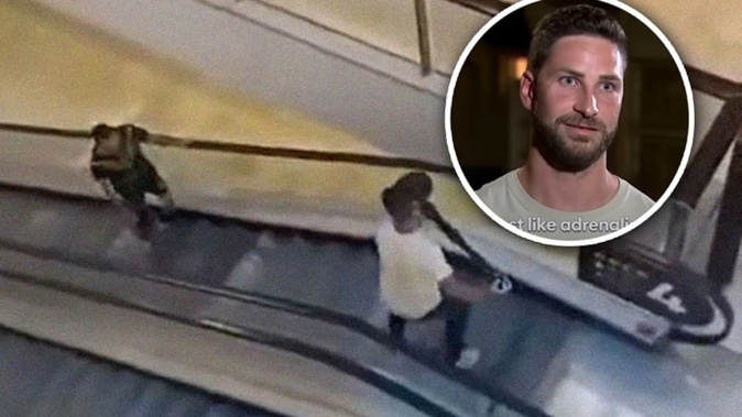 Shopper Damien Guerot used a bollard to fend off Joel Cauchi (inset) as the killer tried to climb an escalator in the Bondi mall attack.