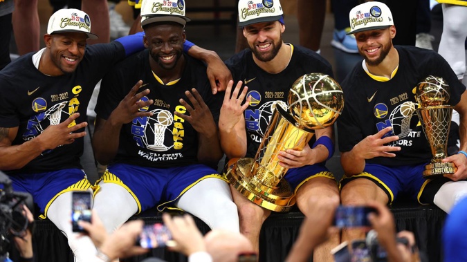 Andre Iguodala, Draymond Green, Klay Thompson and Stephen Curry celebrate another title. (Photo / Getty)