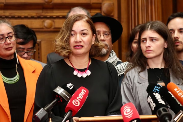 Green Party co-leader, Marama Davidson, announces cancer diagnoses to media. Photo / Mark Mitchell