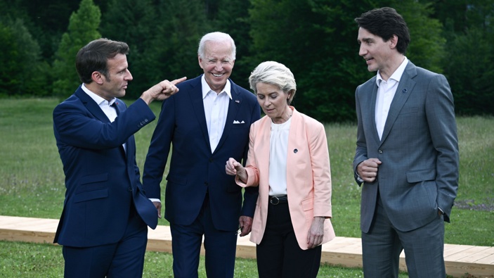 From left, President Emmanuel Macron, US President Joe Biden, European Commission President Ursula von der Leyen and Canada's Prime Minister Justin Trudeau leave after posing for a group photo , during the G7 Summit, at Castle Elmau in Kruen, near Garmisch-Partenkirchen, Germany, Sunday, June 26, 2022. (Photo / AP)