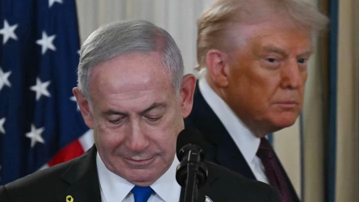US President Donald Trump and Israeli Prime Minister Benjamin Netanyahu arrive for a press conference in the State Dining Room of the White House in Washington, DC. Gaza residents would not be forcibly displaced and President Donald Trump would head a transitional body under a peace plan. Photo / Andrew Caballero-Reynolds, AFP