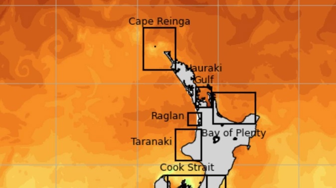 Sea surface temperatures are running 1C to 2C around much of New Zealand, amid another summer marine heatwave. Image / MetOcean Solutions