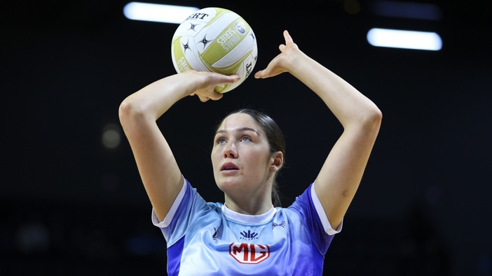 Hannah Glen of the Mystics warms up during the 2024 ANZ Premiership Grand Final match between the Pulse and Mystics at TSB Arena on August 04, 2024 in Wellington, New Zealand. (Photo by Hagen Hopkins/Getty Images)