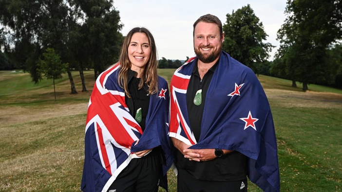 Joelle King and Tom Walsh after being named flagbearers at Edgbaston Golf Club. Photo / photosport.nz