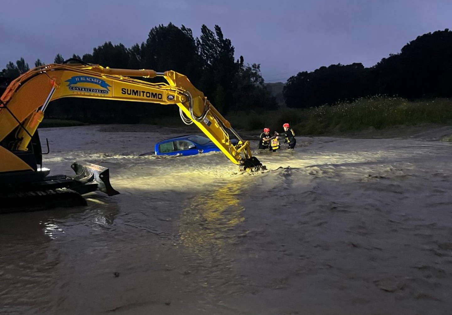 Emergency services at the scene of the family rescue from a submerged ute in Kopuaroa stream in Tairāwhiti. Photo / Supplied