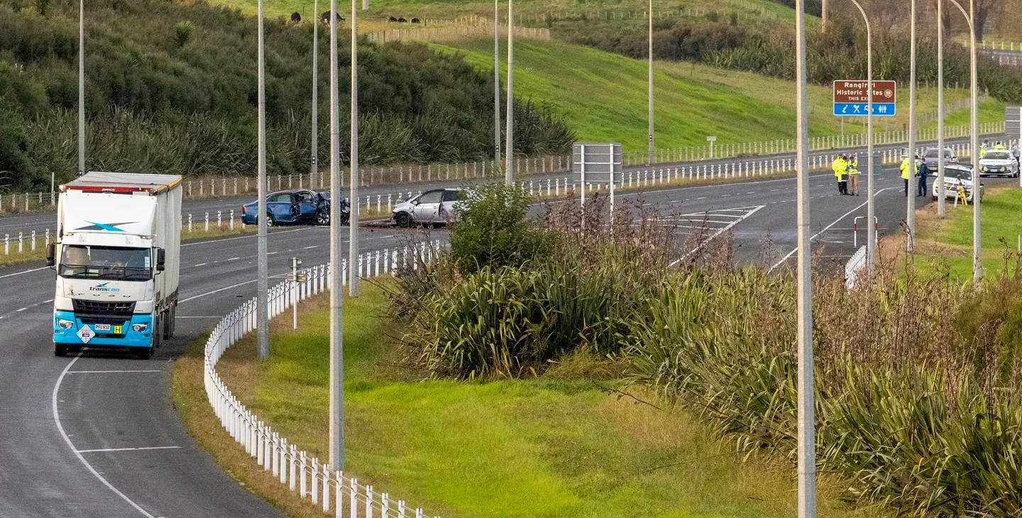 Emergency services at the scene at the fatal head-on collision on the Waikato Expressway. Photo / Mike Scott