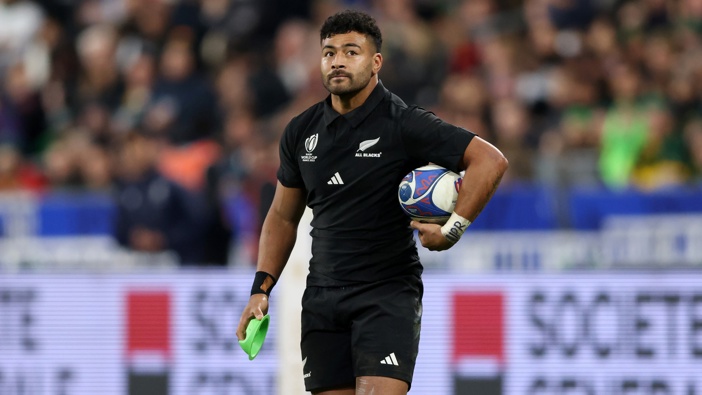 Richie Mo'unga of New Zealand looks on during the Rugby World Cup France 2023 Gold Final match between New Zealand and South Africa at Stade de France on October 28, 2023 in Paris, France. (Photo by Paul Harding/Getty Images)