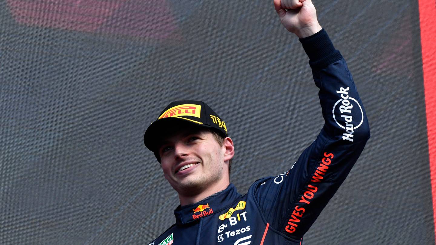 First place Red Bull driver Max Verstappen celebrates on the podium after winning the Formula One Grand Prix at the Spa-Francorchamps racetrack in Spa, Belgium. Photo / AP