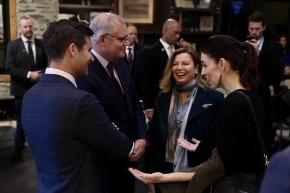 Australian PM Scott Morrison and his wife Jenny share a laugh with NZ PM Jacinda Ardern and fiancé Clarke Gayford at Queenstown today. Photo / George Heard
